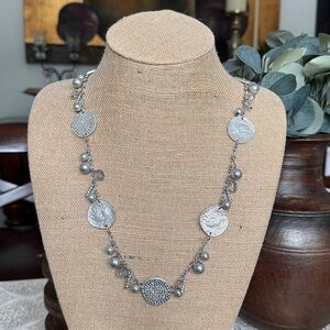 Silver Disc and Bead Long Versatile Necklace